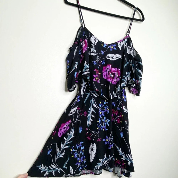 Express XS Floral Cold Shoulder Tank Dress Black Purple Blue Summer Vacation - Picture 4 of 9